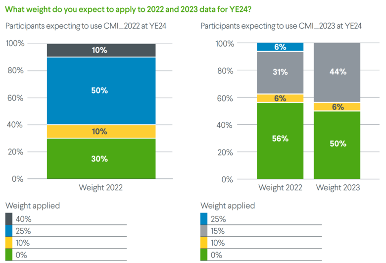 Bar charts of what weights are expected to apply to 2022 and 2023 data for YE24