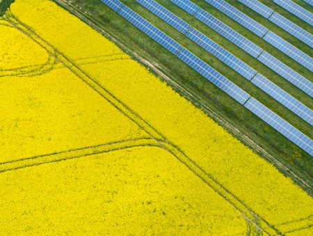 Yellow Working Land With Rows Of Solar Panels Next To It