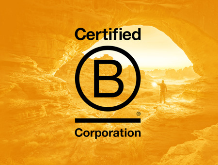 Hymans B Corp Banner With Yellow Background And Black B In Centre Of Image