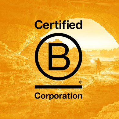 Hymans B Corp Banner With Yellow Background And Black B In Centre Of Image